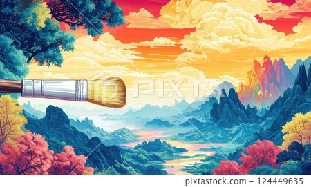 A vibrant landscape blends with a paintbrush 124449635