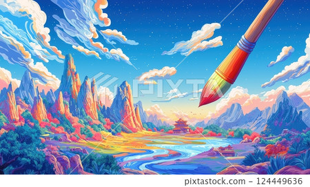 A colorful landscape with mountains, a river, and a giant paintbrush 124449636