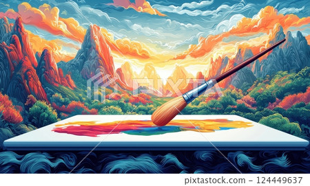A vibrant landscape painting with a brush resting in colorful paint A vibrant landscape painting with a brush resting in colorful paint 124449637