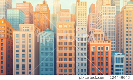 A vibrant skyline of towering buildings in varying colors, modern urban landscape 124449643
