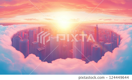 A vibrant sunrise illuminates a city skyline emerging from fluffy clouds A vibrant sunrise illuminates a city skyline emerging from fluffy clouds 124449644