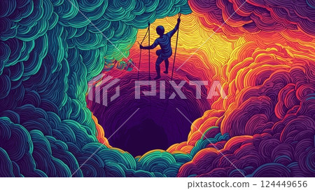 A child climbs a ladder amidst vibrant clouds toward a dark abyss 124449656