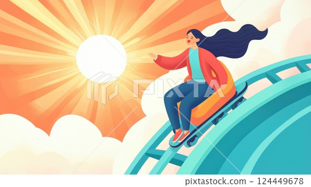A joyful person rides a roller coaster under a bright sun and colorful clouds 124449678