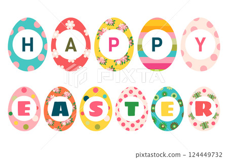 Colorful Easter eggs with text Happy Easter for greeting cards, invitations and brochure 124449732