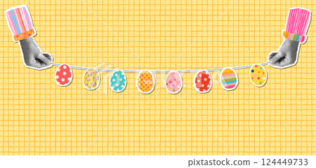 Cute bunting with Easter eggs in halftone collage style, colorful background, poster, flyer with hands holding a garland 124449733