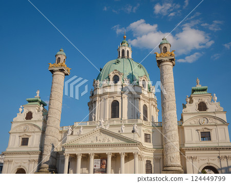 Vienna, Austria - 31 July 2023: Karlskirche church on Karlsplatz square at sunset 124449799