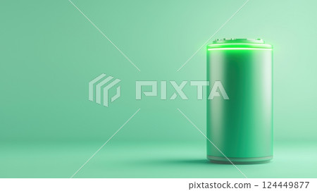 A sleek green beverage can stands against a soft mint background 124449877