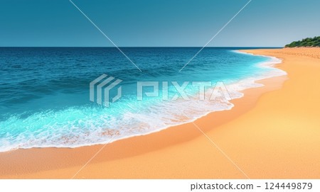 A tranquil beach scene with golden sand, turquoise waves, and a clear blue sky A tranquil beach scene with golden sand, turquoise waves, and a clear blue sky 124449879