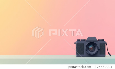 A classic camera rests on a minimalist surface against a pastel gradient background 124449904