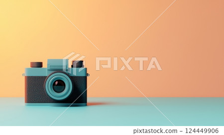 A vintage camera sits alone against a pastel backdrop 124449906