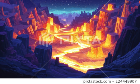 A vibrant, surreal landscape featuring a glowing river of lava winding through jagged mountains under a starry night sky. 124449907