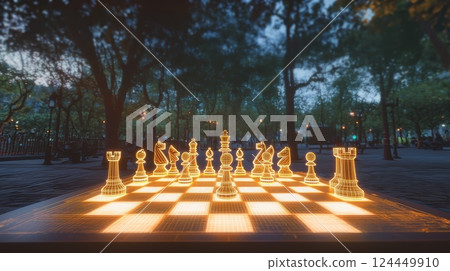 A glowing chess set illuminated in a serene park, surrounded by trees 124449910