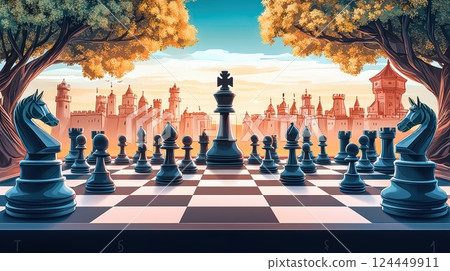 A vibrant chessboard set in a fantastical landscape, featuring elaborately designed pieces and a skyline filled with imaginative architecture. 124449911