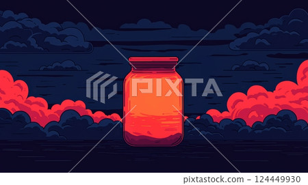 A glowing jar sits against a dark, cloud-filled sky, emitting an orange light that contrasts beautifully 124449930