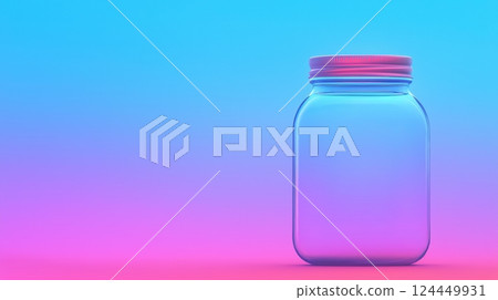 A clear glass jar with a pink lid sits against a soft gradient background of blue and purple hues. 124449931