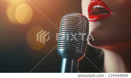 Close up of a singer's red lips singing into a vintage microphone on a stage with blurred lights in the background, capturing the essence of live music performance 124449999