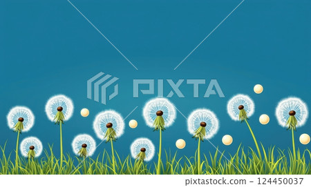 A serene field of dandelions sways gently against a clear blue sky, with fluffy seed heads ready to disperse. 124450037
