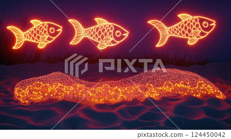 A glowing underwater scene showcasing orange fish illuminated by lights 124450042