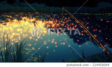 A serene nighttime scene featuring shimmering reflections on water 124450044