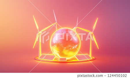 A glowing globe surrounded by wind turbines and solar panels, sustainable energy and environmental concept 124450102