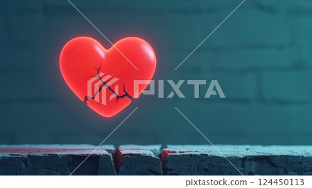 A glowing, cracked red heart hovers above a stone surface, broken love and emotional pain concept 124450113