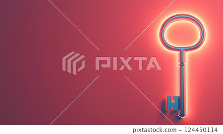 A glowing key against a vibrant pink background, opportunity and access concept. 124450114