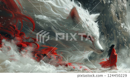 Kitsune-themed featuring mystical fox spirits from Japanese folklore. Kitsune-themed featuring mystical fox spirits from Japanese folklore. 124450229