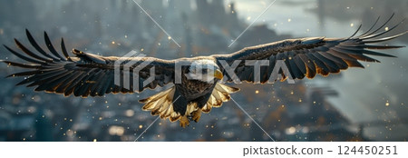 aerial photo. in the foreground is a bald eagle aerial photo. in the foreground is a bald eagle 124450251