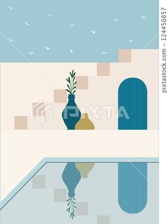 Greek town view flat color vector illustration. Summer holiday in Greece. Mediterranean European architecture Greek town view flat color vector illustration. Summer holiday in Greece. Mediterranean European architecture 124450857
