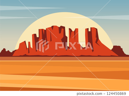 Death Valley National Park illustration. Rocky Desert landscape, american valley 2d art. Colorful wild west Death Valley National Park illustration. Rocky Desert landscape, american valley 2d art. Colorful wild west 124450869