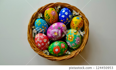 A basket filled with colorful painted eggs sitting on top of a table 124450953