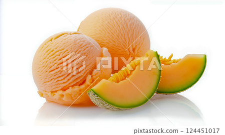 A melon cut in half and a half of a cantaloupe on a white surface 124451017