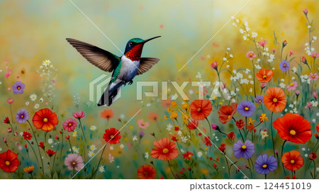 A hummingbird flying through a field of flowers A hummingbird flying through a field of flowers 124451019