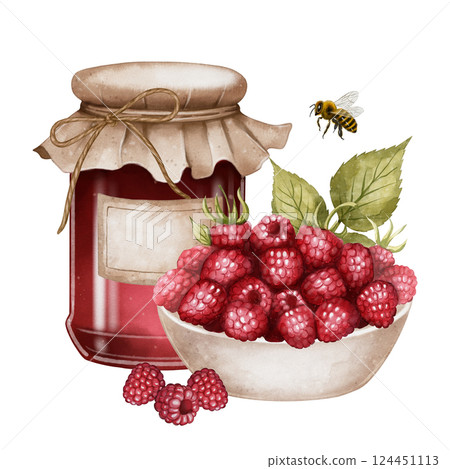 raspberry jam jar with rustic bowl of fresh berries, spoon and bee raspberry jam jar with rustic bowl of fresh berries, spoon and bee 124451113