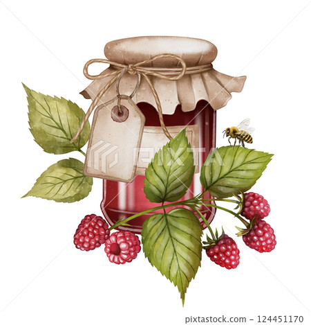 Raspberry jam jar with tag watercolor illustration 124451170