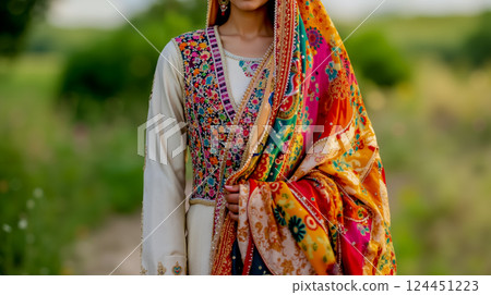 A woman in a colorful sari standing in a field A woman in a colorful sari standing in a field 124451223