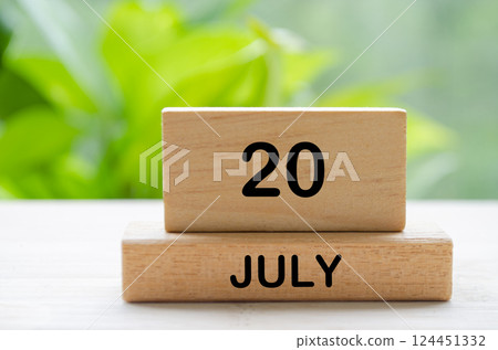 July 20th calendar text on wooden blocks with customizable space for text. Calendar concept. 124451332
