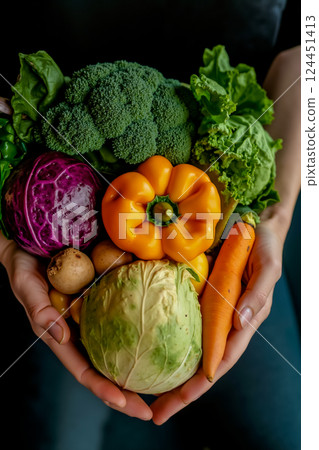 A person holding a bunch of vegetables in their hands 124451413