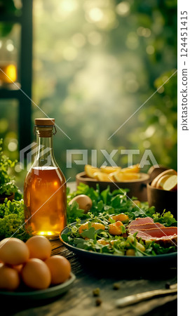 A bottle of olive oil sitting on top of a table next to a plate of food 124451415