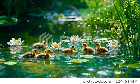 A group of ducklings swimming in a pond with water lilies 124451447