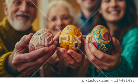A group of people holding painted easter eggs in their hands 124451453