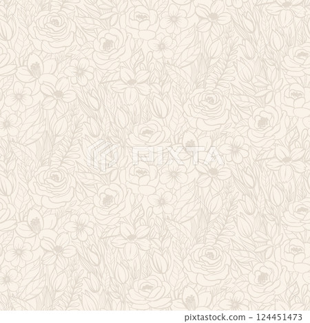 A seamless floral pattern in soft beige tones with delicate, intricate linework. Ideal for wallpapers, textiles, stationery, packaging, gift wrap, invitations, home decor, and elegant fashion prints. A seamless floral pattern in soft beige tones with delicate, intricate linework. Ideal for wallpapers, textiles, stationery, packaging, gift wrap, invitations, home decor, and elegant fashion prints. 124451473