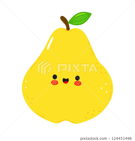 A delightful, smiling cartoon pear with rosy cheeks, perfect for themes of healthy eating or fun illustrations for kids. A delightful, smiling cartoon pear with rosy cheeks, perfect for themes of healthy eating or fun illustrations for kids. 124451496