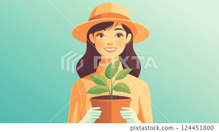 A cheerful woman in a hat holds a potted plant, gardening and a connection to nature. 124451800