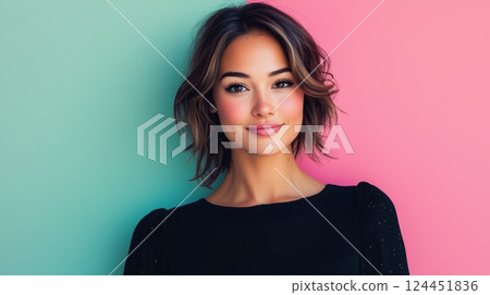 smart woman, A smiling individual poses against a colorful backdrop 124451836