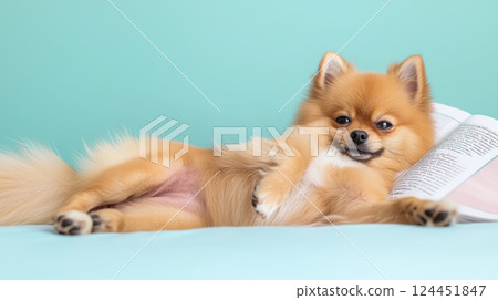 A playful Pomeranian dog lounges comfortably on a pastel background 124451847