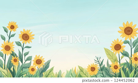 A serene landscape featuring vibrant sunflowers under a clear blue sky A serene landscape featuring vibrant sunflowers under a clear blue sky 124452062