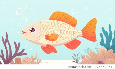 A cheerful cartoon fish swims among colorful underwater plants and bubbles in a playful underwater scene. 124452065