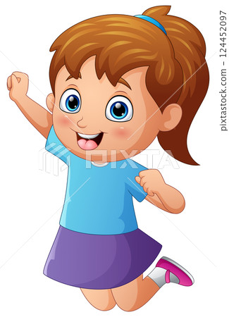 Cartoon happy little girl jumping and smiling 124452097