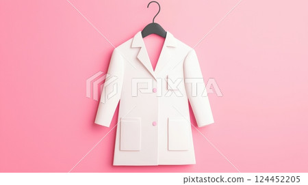 A white lab coat is displayed on a black hanger 124452205